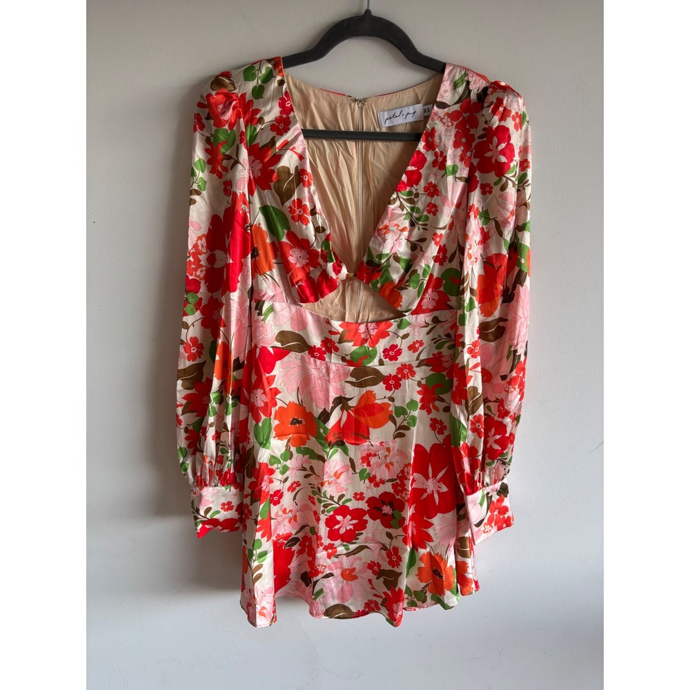 Petal + Pup Floral Cutout Mini Dress Red Pink‎ Long Sleeve Satin XS